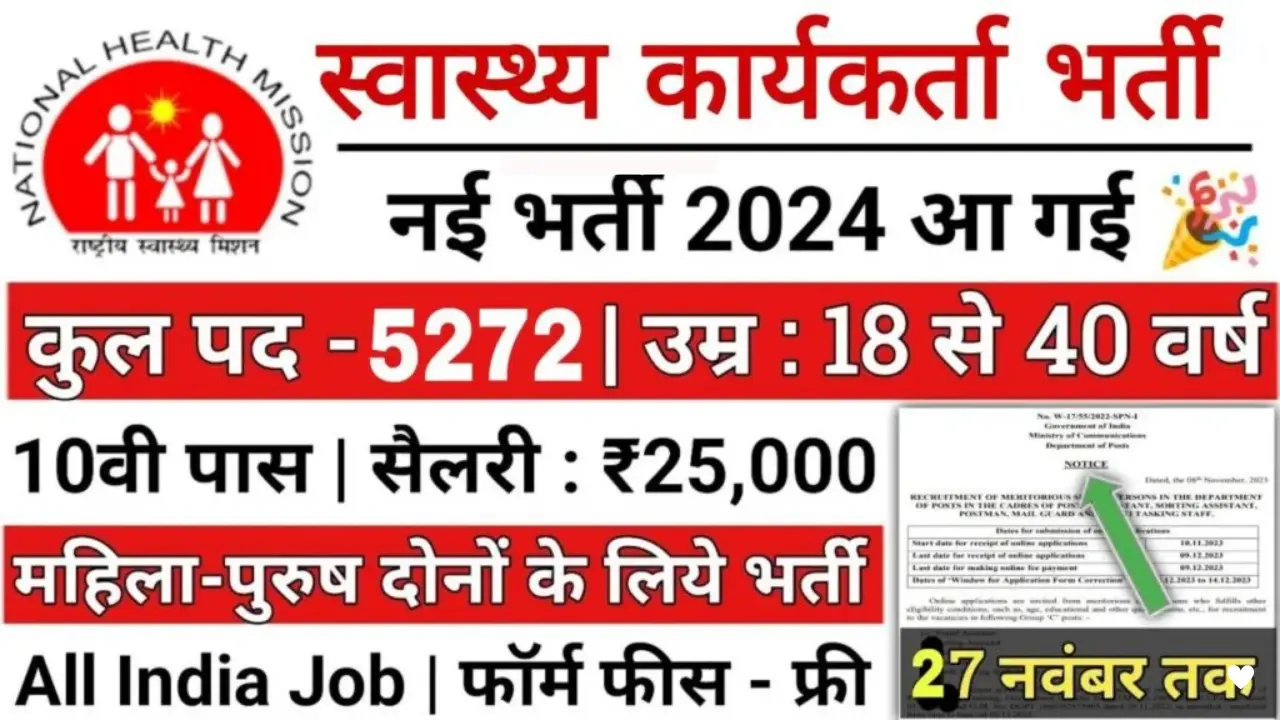 Swasthya Karyakarta Vacancy:5272 पदों पर स्वास्थ्य कार्यकर्ता भर्ती का नोटिफिकेशन जारी, आवेदन शुरू